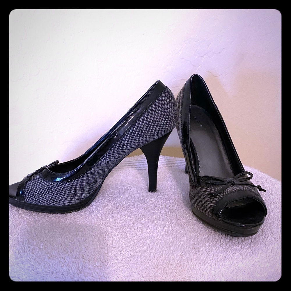 Black and grey with fabric and bow heel